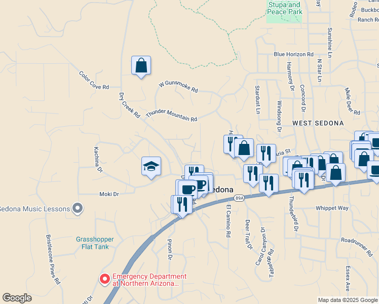 map of restaurants, bars, coffee shops, grocery stores, and more near 130 Arroyo Seco Drive in Sedona