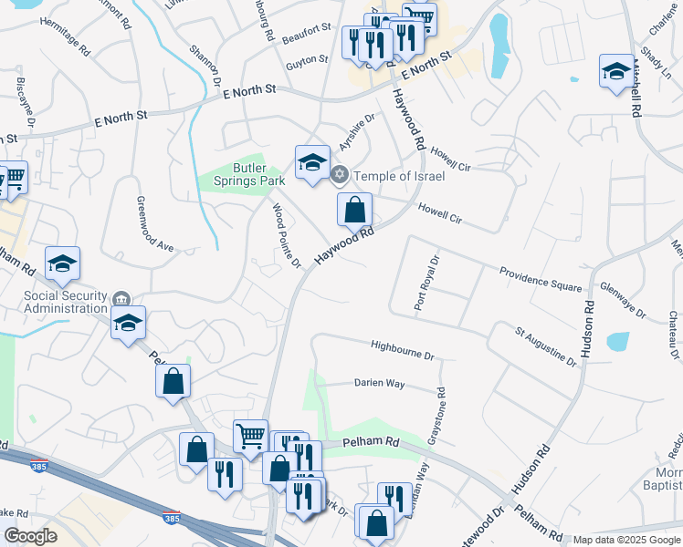 map of restaurants, bars, coffee shops, grocery stores, and more near 1180 Haywood Road in Greenville