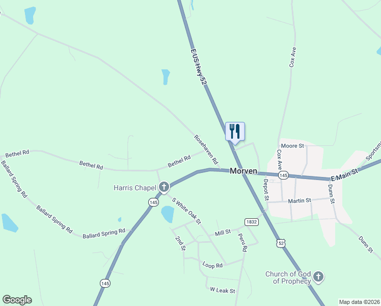 map of restaurants, bars, coffee shops, grocery stores, and more near 301 Rosehaven Road in Morven