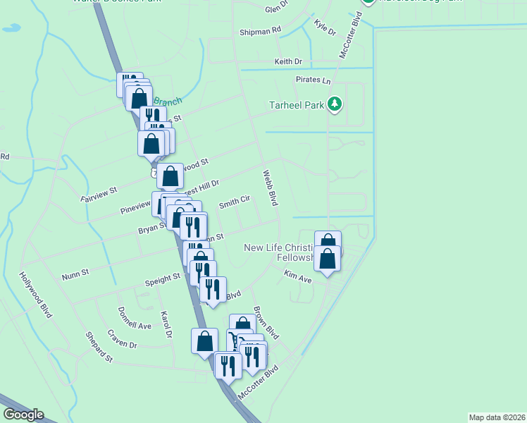 map of restaurants, bars, coffee shops, grocery stores, and more near 410 Webb Boulevard in Havelock
