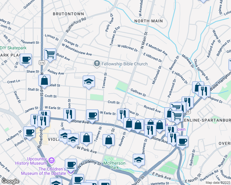 map of restaurants, bars, coffee shops, grocery stores, and more near 9 Ashley Avenue in Greenville