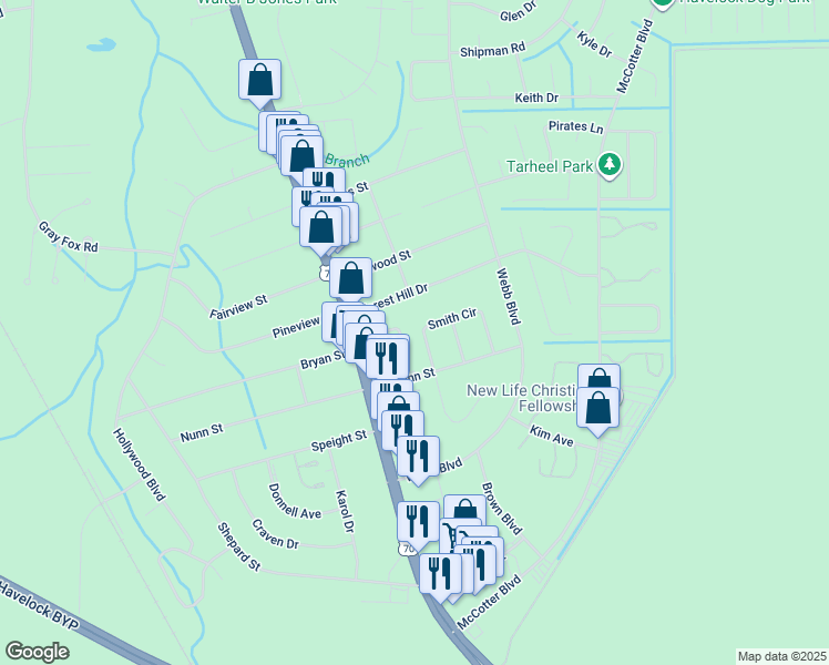 map of restaurants, bars, coffee shops, grocery stores, and more near 107 Smith Circle in Havelock