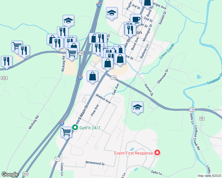 map of restaurants, bars, coffee shops, grocery stores, and more near 11910 South Main Street in Trenton