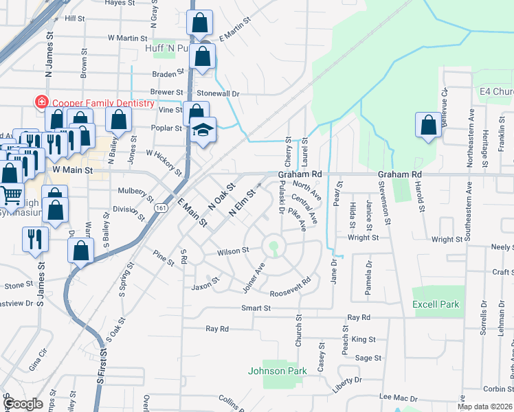 map of restaurants, bars, coffee shops, grocery stores, and more near 318 North Elm Street in Jacksonville