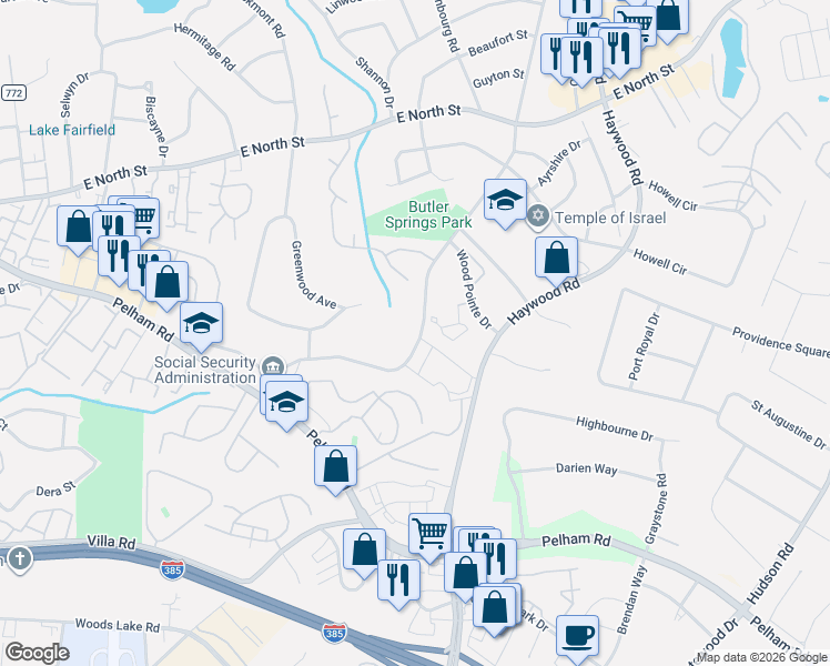 map of restaurants, bars, coffee shops, grocery stores, and more near 215 Butler Springs Road in Greenville
