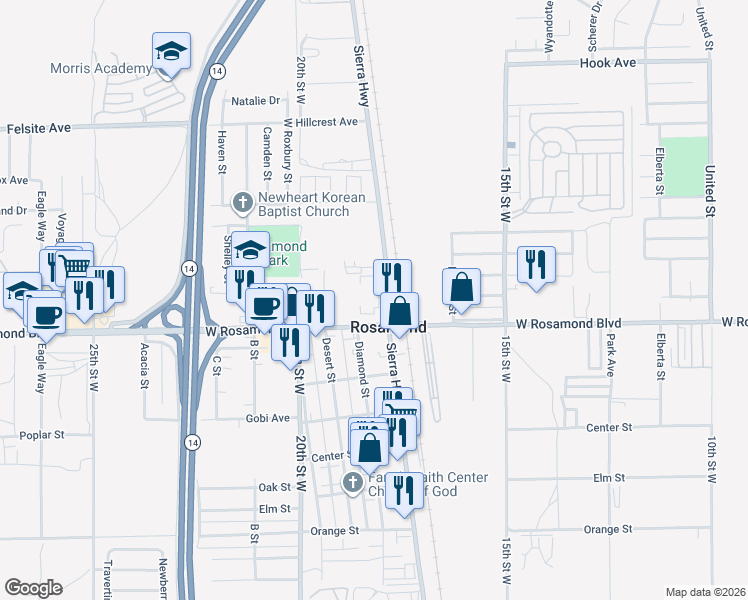 map of restaurants, bars, coffee shops, grocery stores, and more near 3075 Sierra Highway in Rosamond