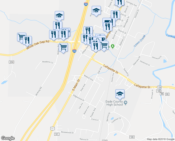 map of restaurants, bars, coffee shops, grocery stores, and more near 11820 South Main Street in Trenton