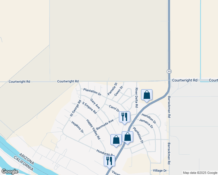map of restaurants, bars, coffee shops, grocery stores, and more near 1368 Courtwright Road in Mohave Valley