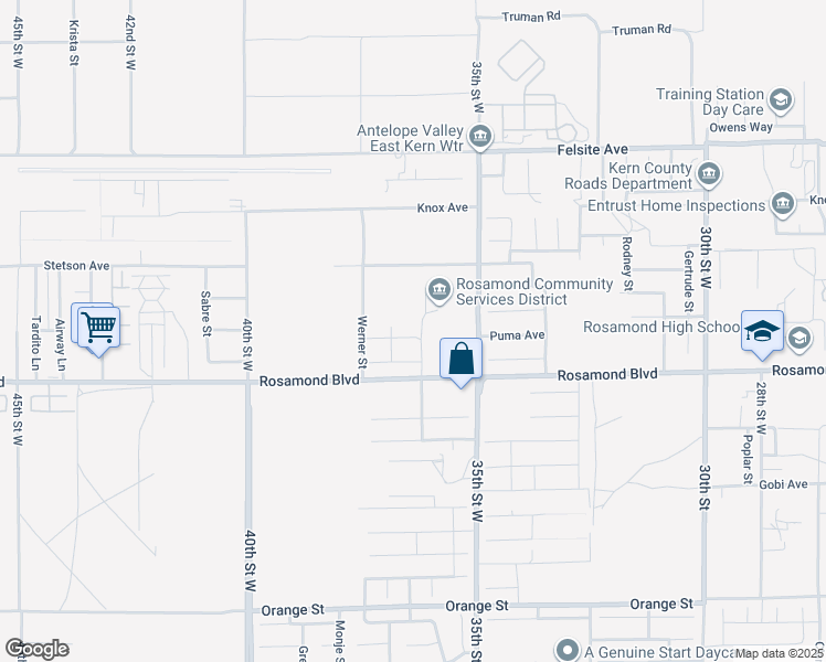 map of restaurants, bars, coffee shops, grocery stores, and more near 3615 Santa Monica Court in Rosamond