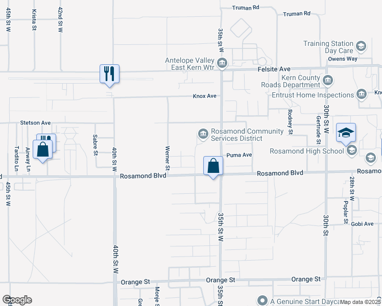 map of restaurants, bars, coffee shops, grocery stores, and more near 3615 Santa Monica Court in Rosamond