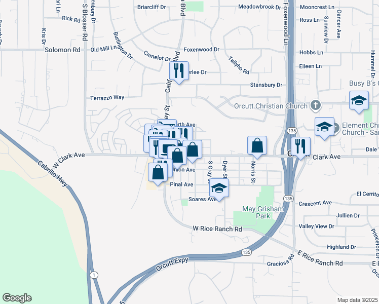 map of restaurants, bars, coffee shops, grocery stores, and more near 220 Park Avenue in Orcutt