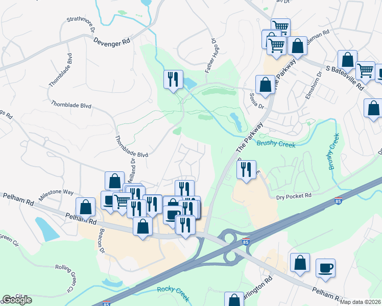 map of restaurants, bars, coffee shops, grocery stores, and more near 31 Bent Oak Road in Greer