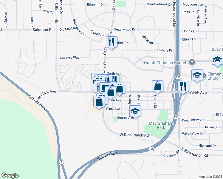 map of restaurants, bars, coffee shops, grocery stores, and more near 220 Park Avenue in Orcutt