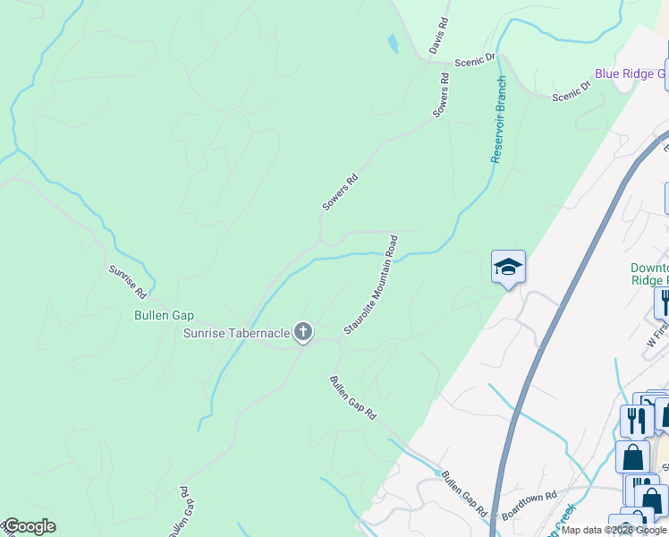 map of restaurants, bars, coffee shops, grocery stores, and more near 650 Staurolite Mountain Road in Blue Ridge