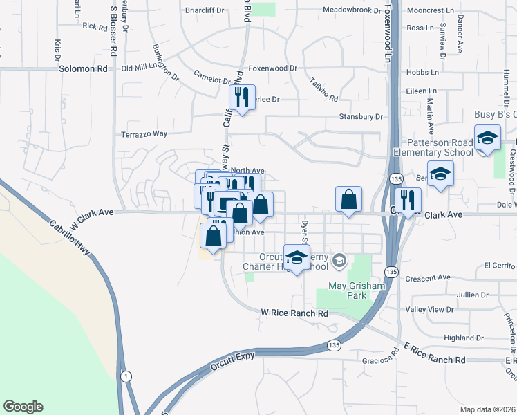 map of restaurants, bars, coffee shops, grocery stores, and more near 251 East Clark Avenue in Orcutt