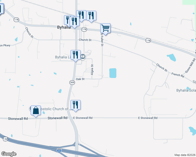 map of restaurants, bars, coffee shops, grocery stores, and more near 184 South Fuller Street in Byhalia