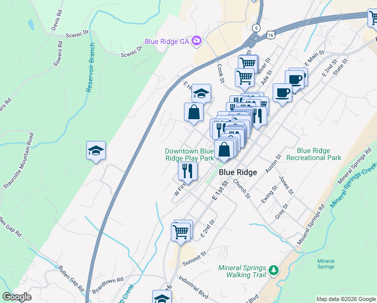 map of restaurants, bars, coffee shops, grocery stores, and more near 80 College Street in Blue Ridge