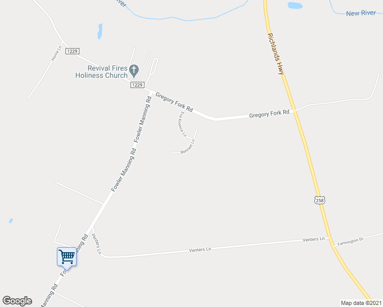 map of restaurants, bars, coffee shops, grocery stores, and more near 213 Bennett Lane in Richlands