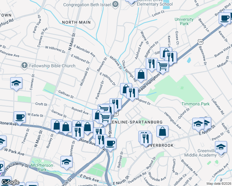 map of restaurants, bars, coffee shops, grocery stores, and more near 261 Mohawk Drive in Greenville