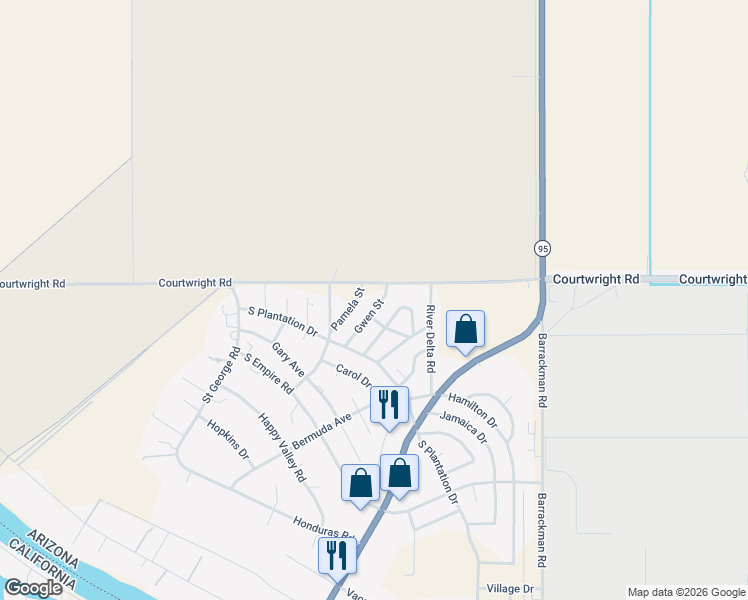 map of restaurants, bars, coffee shops, grocery stores, and more near 10039 Gwen Street in Mohave Valley