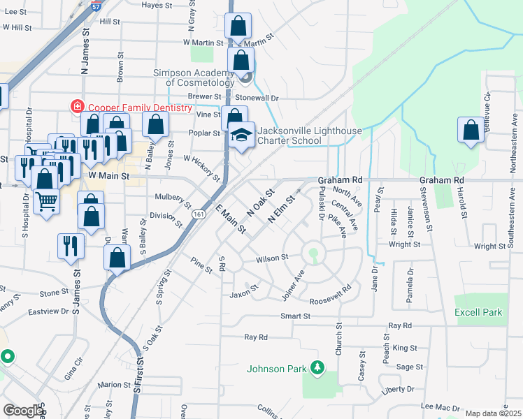 map of restaurants, bars, coffee shops, grocery stores, and more near 209 North Oak Street in Jacksonville