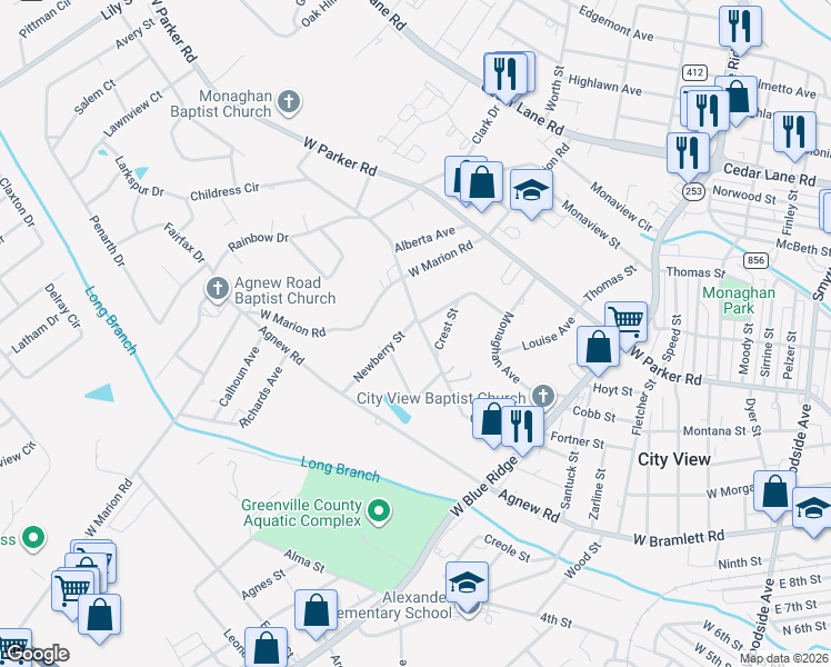 map of restaurants, bars, coffee shops, grocery stores, and more near 106 Forest Circle in Greenville