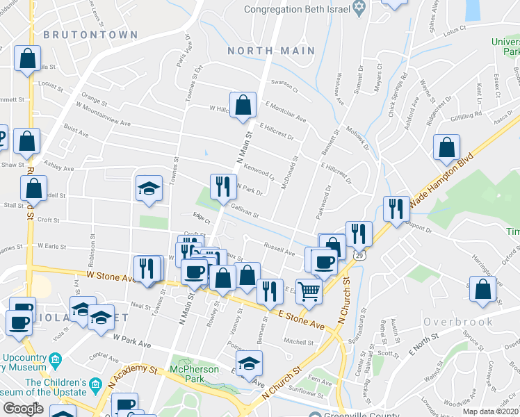 map of restaurants, bars, coffee shops, grocery stores, and more near 25 Gallivan Street in Greenville