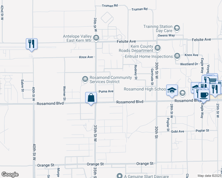 map of restaurants, bars, coffee shops, grocery stores, and more near 3360 Leopard Court in Rosamond