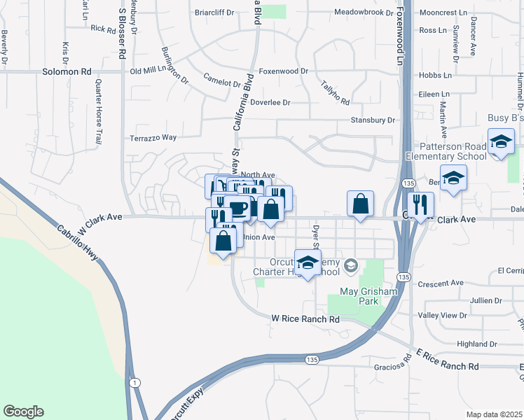 map of restaurants, bars, coffee shops, grocery stores, and more near 220 Park Avenue in Orcutt