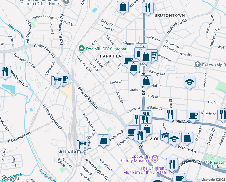 map of restaurants, bars, coffee shops, grocery stores, and more near 106 David Street in Greenville