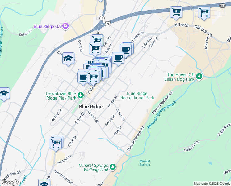 map of restaurants, bars, coffee shops, grocery stores, and more near 557 East 2nd Street in Blue Ridge