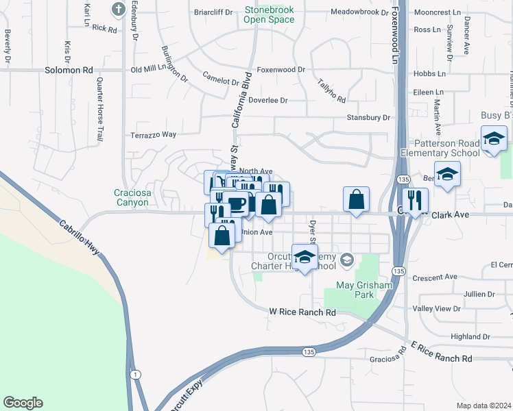 map of restaurants, bars, coffee shops, grocery stores, and more near 130 North 1st Street in Orcutt