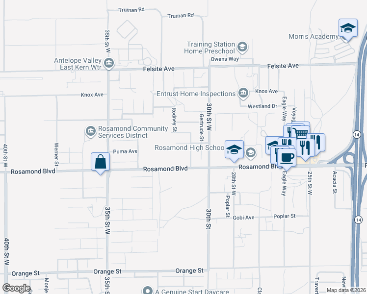 map of restaurants, bars, coffee shops, grocery stores, and more near 3112 Edwards Avenue in Rosamond