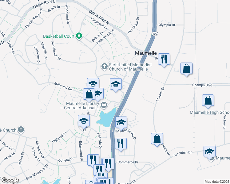 map of restaurants, bars, coffee shops, grocery stores, and more near 400 Pine Forest Drive in Maumelle
