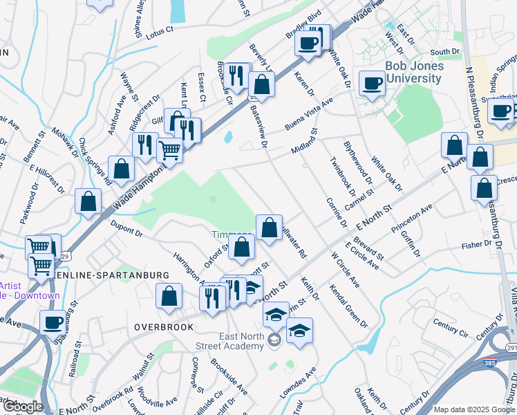 map of restaurants, bars, coffee shops, grocery stores, and more near 129 Lullwater Road in Greenville