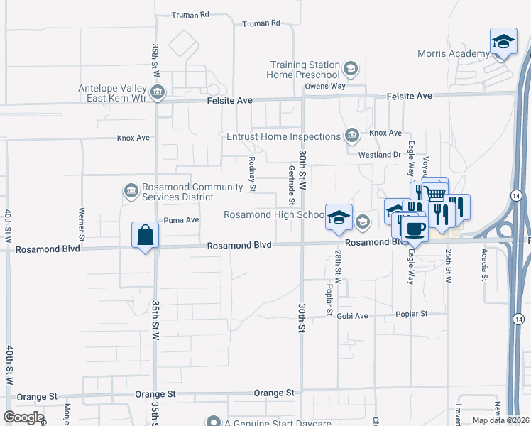 map of restaurants, bars, coffee shops, grocery stores, and more near 3112 Edwards Avenue in Rosamond