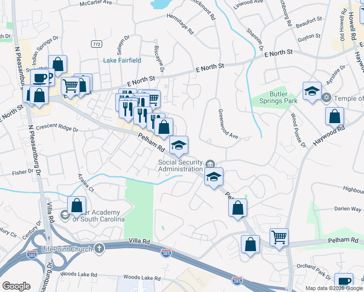 map of restaurants, bars, coffee shops, grocery stores, and more near 5 Pelham Springs Place in Greenville