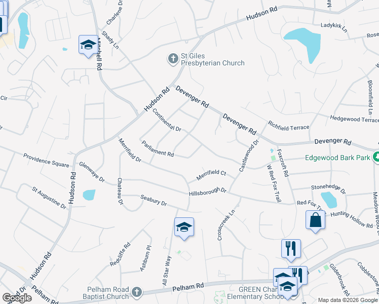 map of restaurants, bars, coffee shops, grocery stores, and more near 225 Parliament Road in Greenville