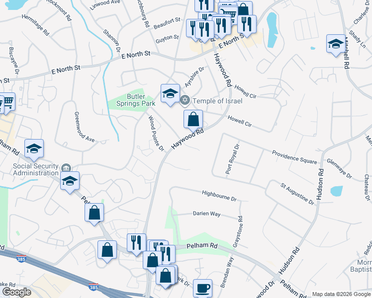 map of restaurants, bars, coffee shops, grocery stores, and more near 1-99 Arborland Way in Greenville