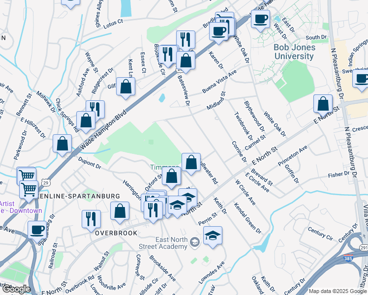 map of restaurants, bars, coffee shops, grocery stores, and more near 129 Lullwater Road in Greenville