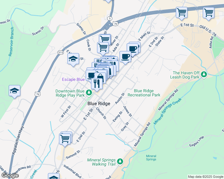 map of restaurants, bars, coffee shops, grocery stores, and more near 610 East 2nd Street in Blue Ridge