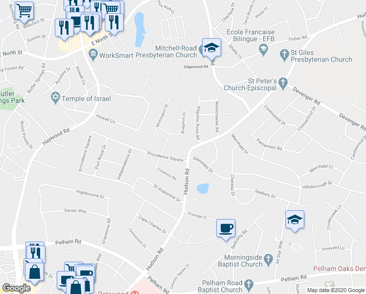 map of restaurants, bars, coffee shops, grocery stores, and more near 505 Hudson Road in Greenville