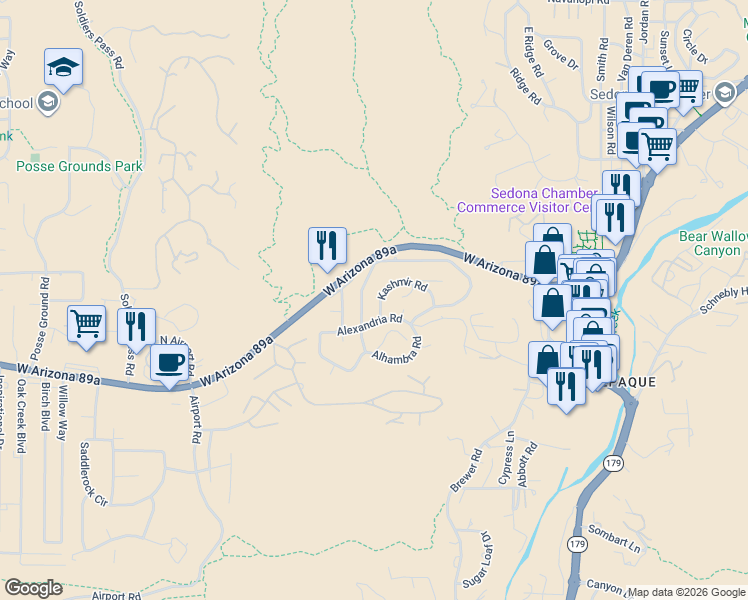 map of restaurants, bars, coffee shops, grocery stores, and more near 65 Kashmir Road in Sedona