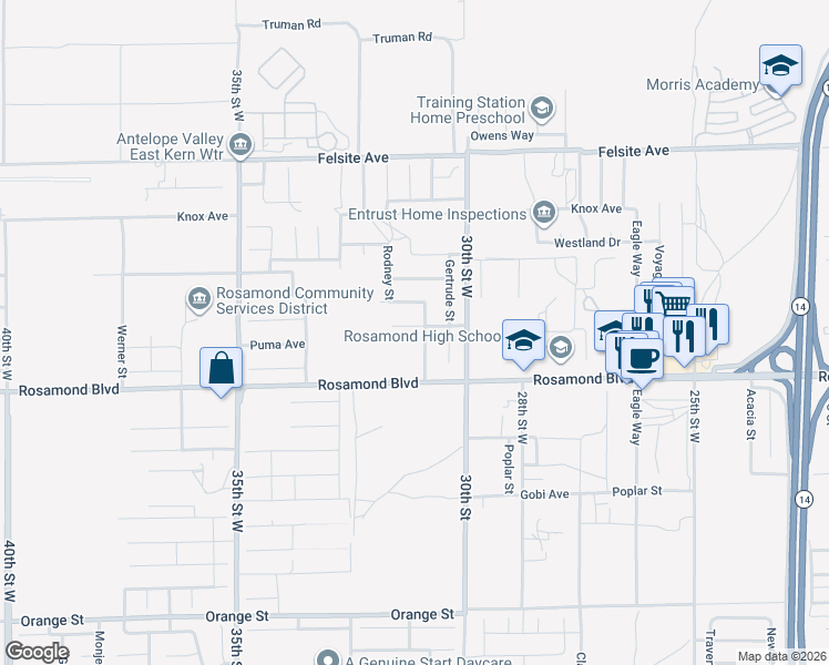 map of restaurants, bars, coffee shops, grocery stores, and more near 3106 Edwards Avenue in Rosamond