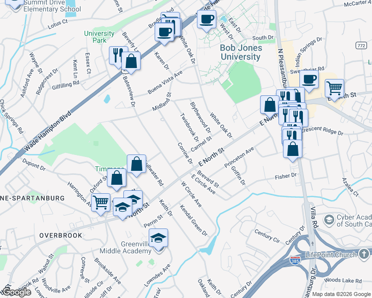 map of restaurants, bars, coffee shops, grocery stores, and more near 107 Carmel Street in Greenville