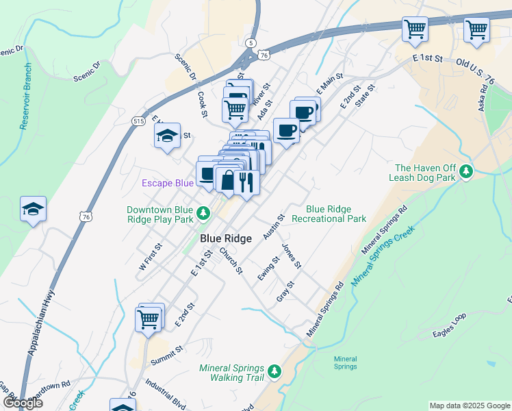 map of restaurants, bars, coffee shops, grocery stores, and more near 610 East 2nd Street in Blue Ridge