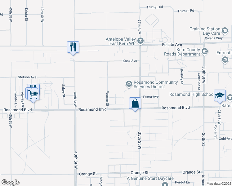 map of restaurants, bars, coffee shops, grocery stores, and more near 3615 Santa Monica Court in Rosamond