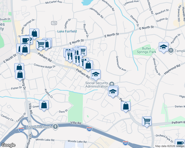 map of restaurants, bars, coffee shops, grocery stores, and more near 504 Falling Rock Way in Greenville