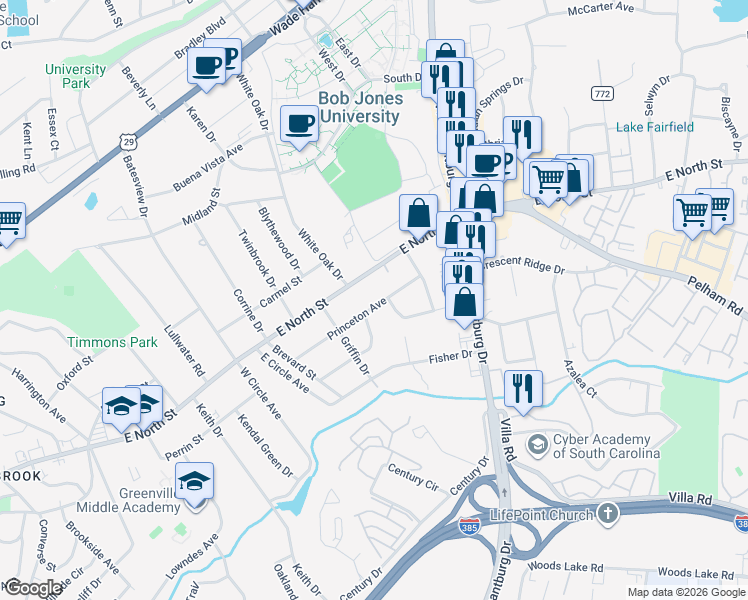 map of restaurants, bars, coffee shops, grocery stores, and more near 123 Princeton Avenue in Greenville