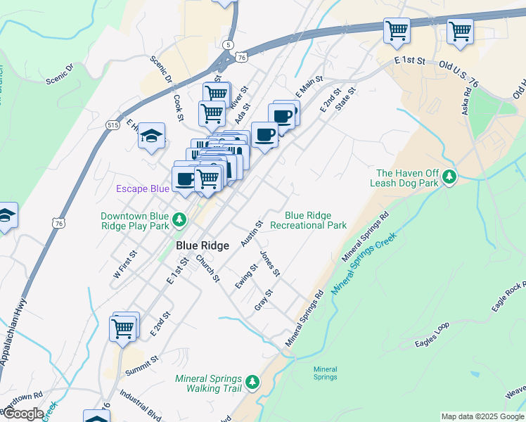 map of restaurants, bars, coffee shops, grocery stores, and more near 557 East 2nd Street in Blue Ridge